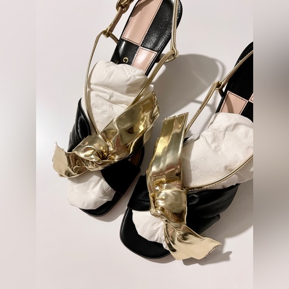NEW, Authentic Gucci Slingback Kitten-Heel Sandals in Black and Gold - Picture 8 of 13
